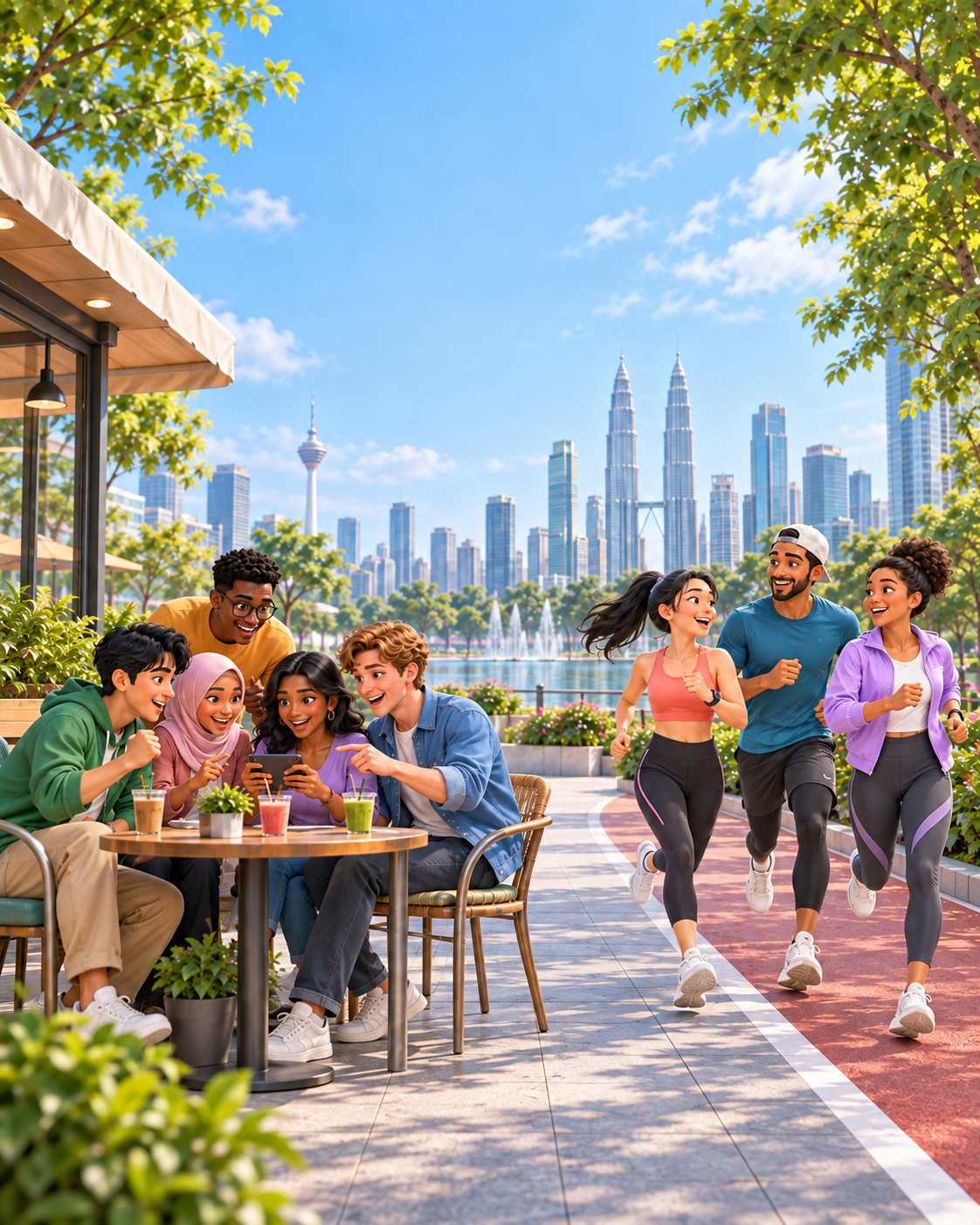 Friends enjoying mobile games and running together in Kuala Lumpur